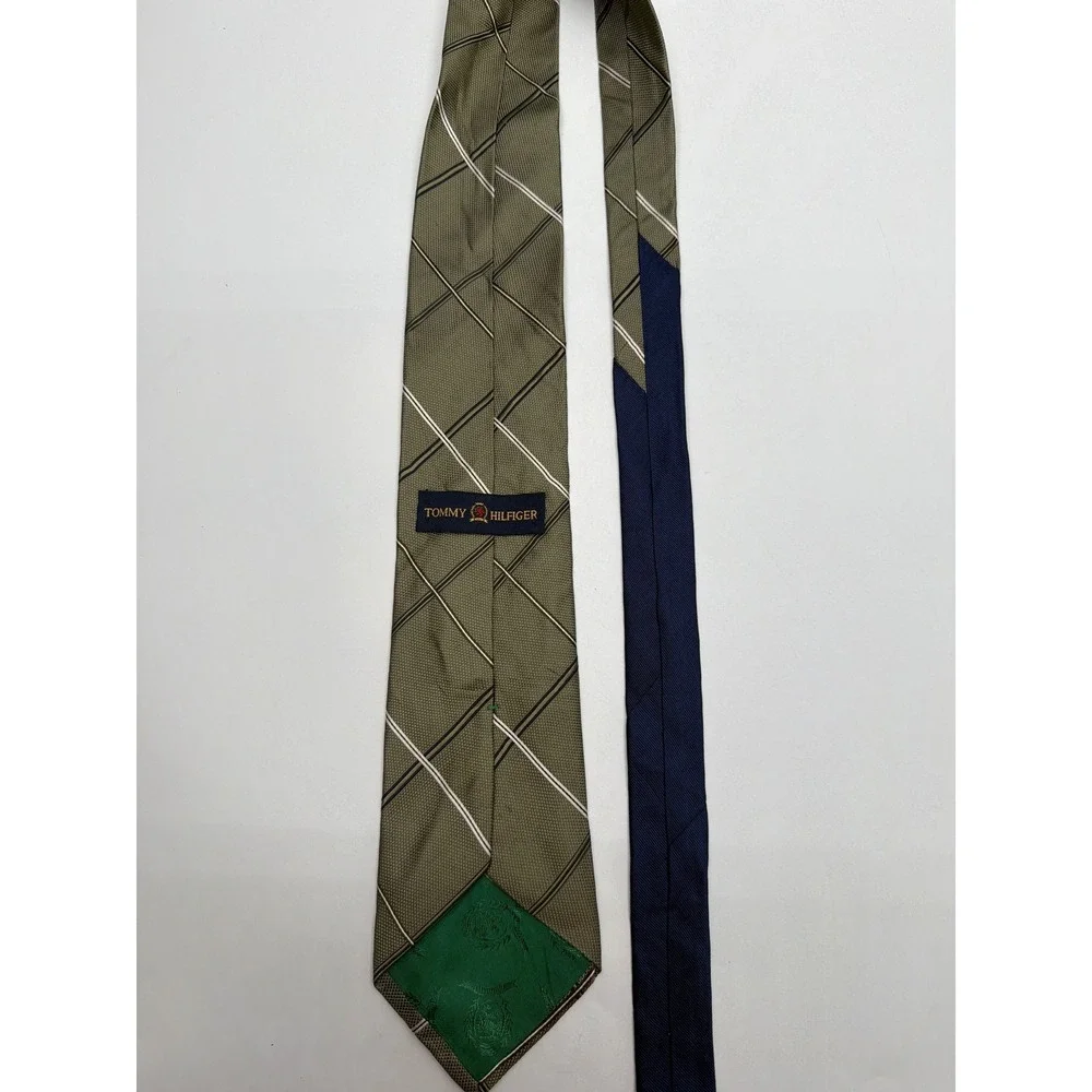 Tommy Hilfiger Mens Silk Tie Olive Green Plaid Diagonal Stripe Made in USA